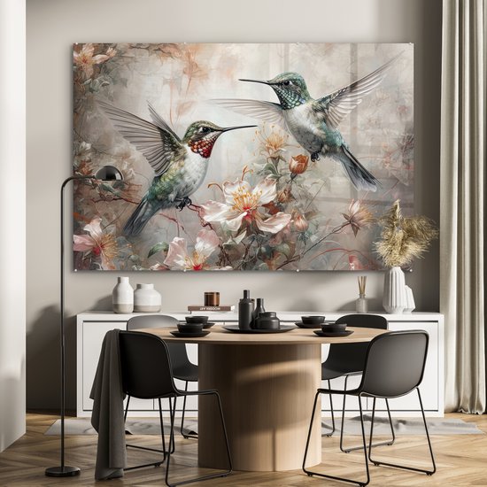 MuchoWow® Glasschilderij 150x100 cm - Schilderij acrylglas - Kolibrie - Vogels - Bloemen - Planten - Foto op glas - Muurdecoratie woonkamer - Wanddecoratie slaapkamer - Schilderijen