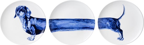 Heinen Delfts Blauw Wandbord (set 3 Stuks) Teckel - Keramiek - Blauw - 26 x 26 x 0 cm (BxHxD)