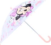 Transparante paraplu met een grote print van Minnie Mouse met een roze strik. Roze handvat.