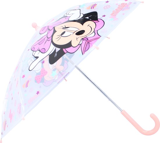 Transparante paraplu met een grote print van Minnie Mouse met een roze strik. Roze handvat.