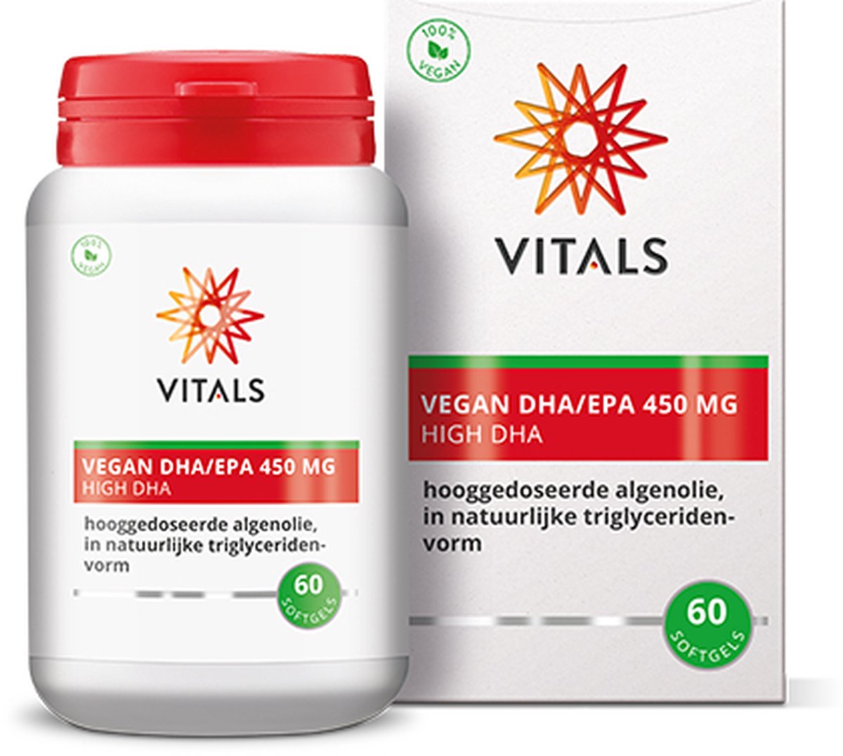 Goedkoopste Vitals Vegan DHA/EPA 450 mg - 60 vegan softgels - omega 3. Hooggedoseerde algenolie in natuurlijke triglyceridenvorm.