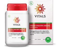 Vitals Vegan DHA/EPA 450 mg - 60 vegan softgels - omega 3. Hooggedoseerde algenolie in natuurlijke triglyceridenvorm.