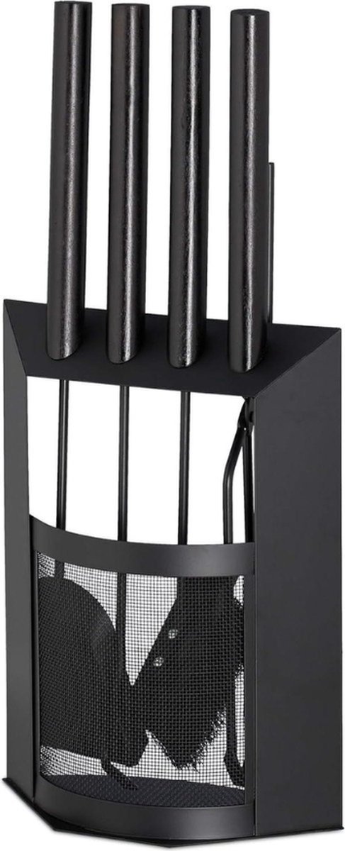 Haardset 5-delige haardbestek met schep - bezem - haak - tang & houder - houten handgrepen - modern zwart