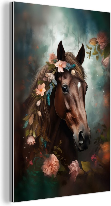 Aluminium schilderij 120x180 cm - Wanddecoratie metaal - Paard - Natuur - Bloemen - Dieren - Bos - Metalen muurdecoratie woonkamer - Decoratie industrieel - Foto op dibond - Industriële accessoires slaapkamer