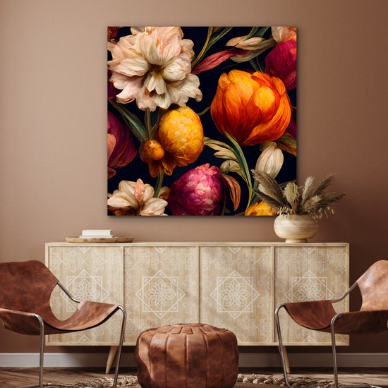 Décoration murale Métal - Peinture Aluminium Industriel - Fleurs - Plantes - Couleurs - Wit - 90x90 cm - Dibond - Photo sur aluminium - Décoration murale industrielle - Pour le salon/chambre
