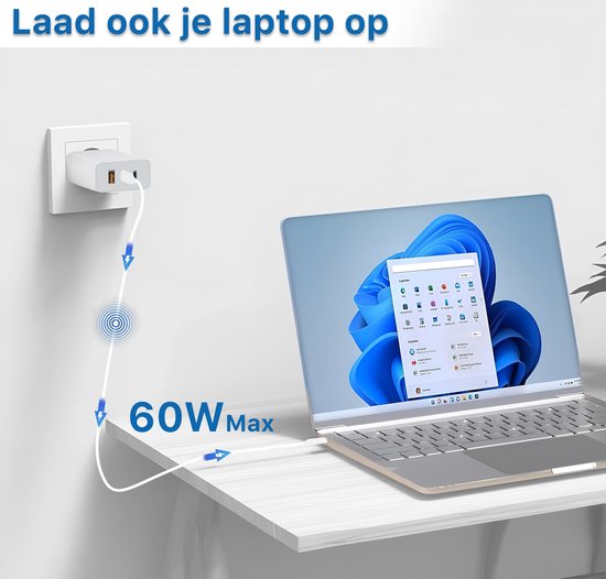 Chargeur USB C 65 W avec 3 Portes (2x USB-C, 1x USB-A) – Comprenant 2x Câbles USB C de 3 mètres – Adaptateur Super Rapide