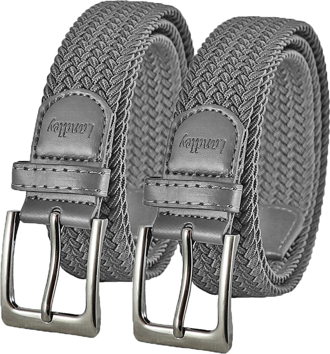 Landley Elastische Gevlochten Stretch Riemen Duopack - Voordeelset met 2 riemen - Dames en Heren - Grijs - Lengte totaal 130 cm / Riemmaat 115
