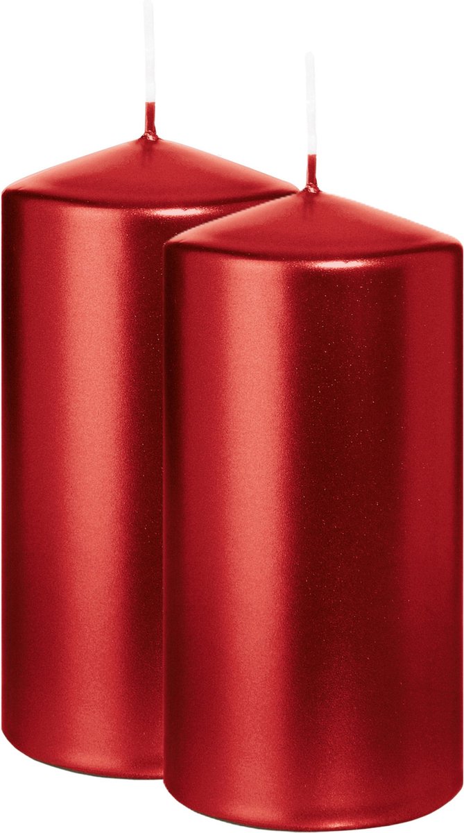 Wiedemann Cilinderkaars/stompkaars - 2x - metallic rood - 12 x 6 cm - 33 branduren - zuilkaarsen Donkerrood
