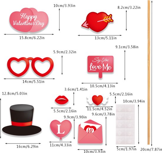 Afmetingen van Valentijnsdag foto booth props, inclusief een tophoed, hartvormige bril, lippen, hartjes en een kalender.
