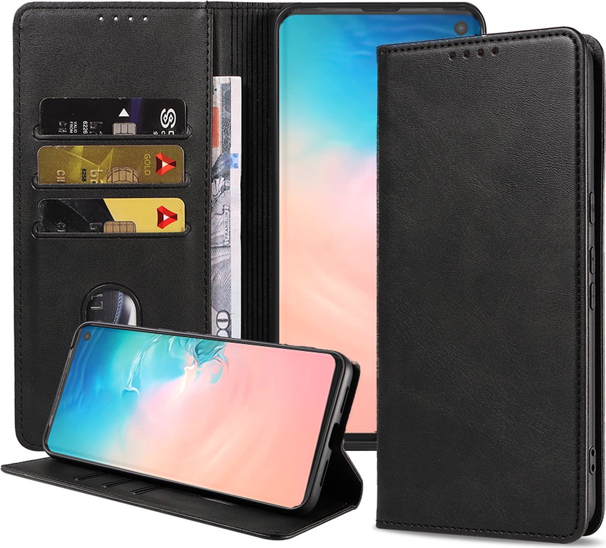 Smartphonica Samsung Galaxy S10 Plus kunstleren hoesje met magnetische sluiting en pashouders book case - zwart geschikt voor Samsung Galaxy S10 Plus