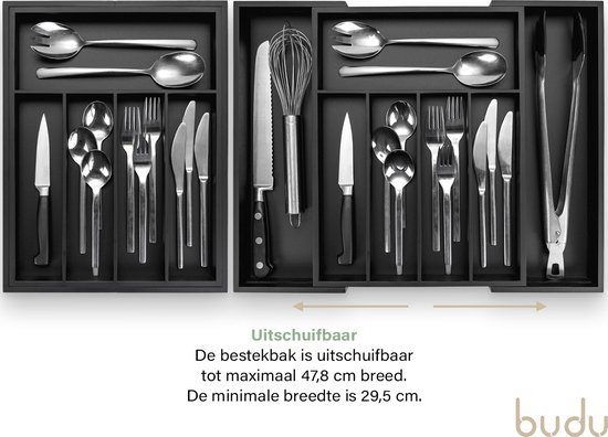 Boîtes à couverts noires côte à côte, la gauche mesure 29,5 cm, la droite mesure 47,8 cm et est étendue.