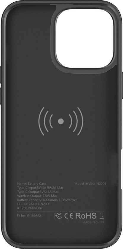 Achterkant van zwarte Distinction powerbank hoes voor iPhone 16 Pro Max, met draadloze oplaad-indicator en specificaties.