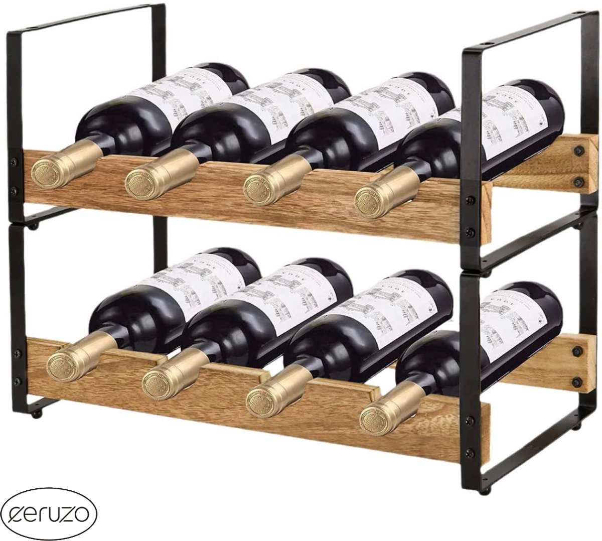 Wijnrek Stapelbaar – Wijnfleshouder Metaal Hout – 8 Flessen – Wijnopslag – 39.5x18x31 cm — cadeau in Wonen & Interieur - foto 3