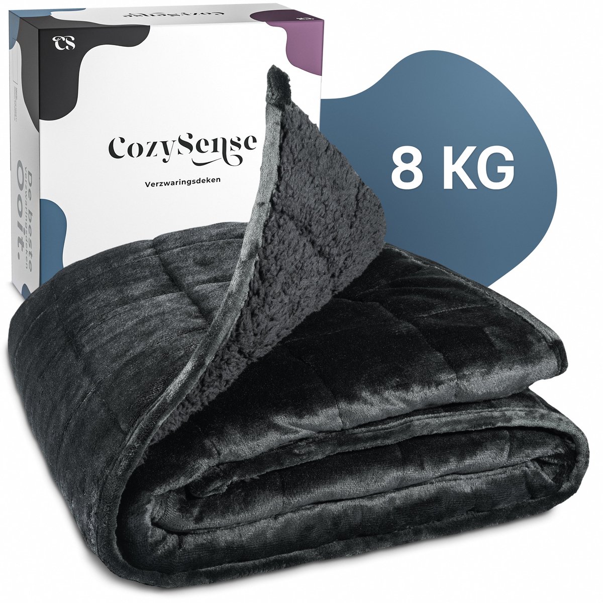 CozySense® Verzwaringsdeken 8 kg - Weighted Blanket - Zwaartedeken - GLASS-Flow® Drukverdeling - 135x200 - Flanelfluweel & Sherpa - Hypoallergeen - Zwart