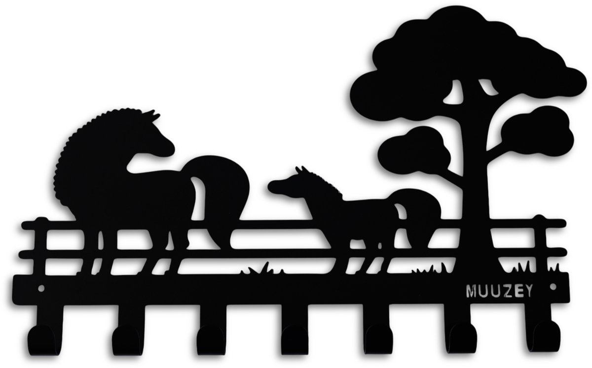 Muuzey Kinderkapstok – Paarden - Horses - Kinderkamer - Babykamer kapstokken - Zwarte wandkapstok - Kapstok kinderkamer - Babykamer - Babykamer accessoires - Kinderkapstok haakjes - Paarden kapstokken - Met bevestigingsmateriaal - 7 Haken