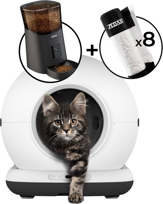Automatische Kattenbak - Zelfreinigende Kattenbak - Met kattenbakmat, 8 rollen opvangzakjes en Zedar A900 voerautomaat