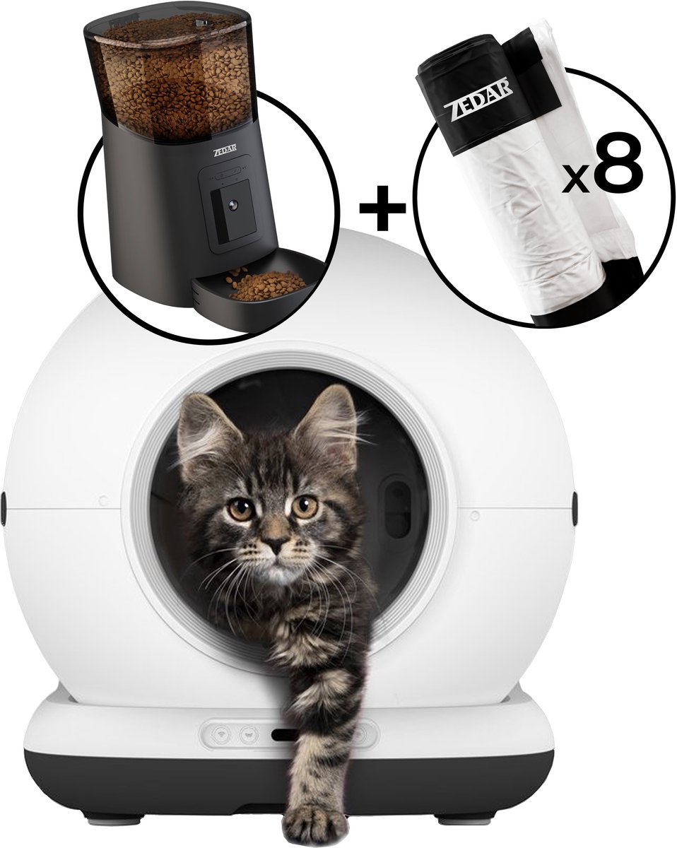 Automatische Kattenbak - Zelfreinigende Kattenbak - Met kattenbakmat, 8 rollen opvangzakjes en Zedar A900 voerautomaat
