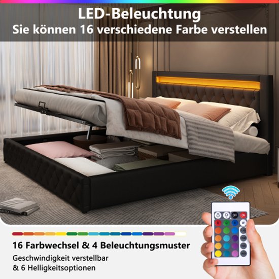 Tweepersoonsbed 180x200 met opbergruimte, USB, LED-verlichting, nachtlampje, grijs fluweel, zonder matras