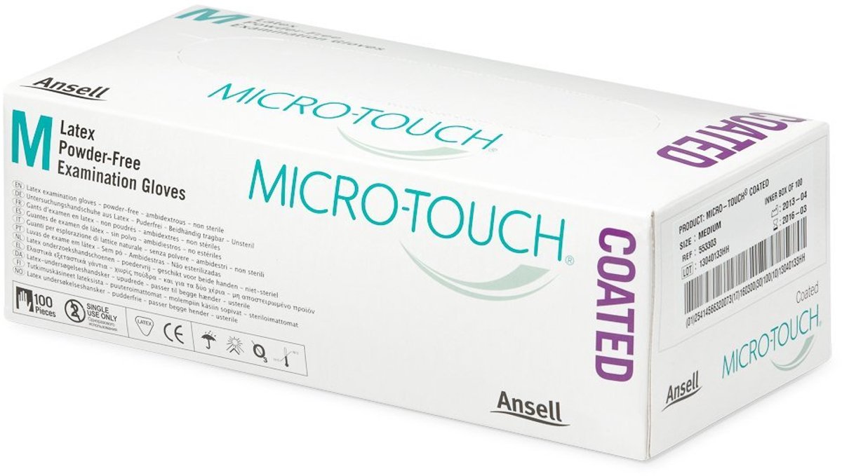 Ansell Medical 553304 MICRO-TOUCH Coated Onderzoekshandschoen, natuurlijk rubberlatex, poedervrij, niet sterieler, beige, Small, beige, 100