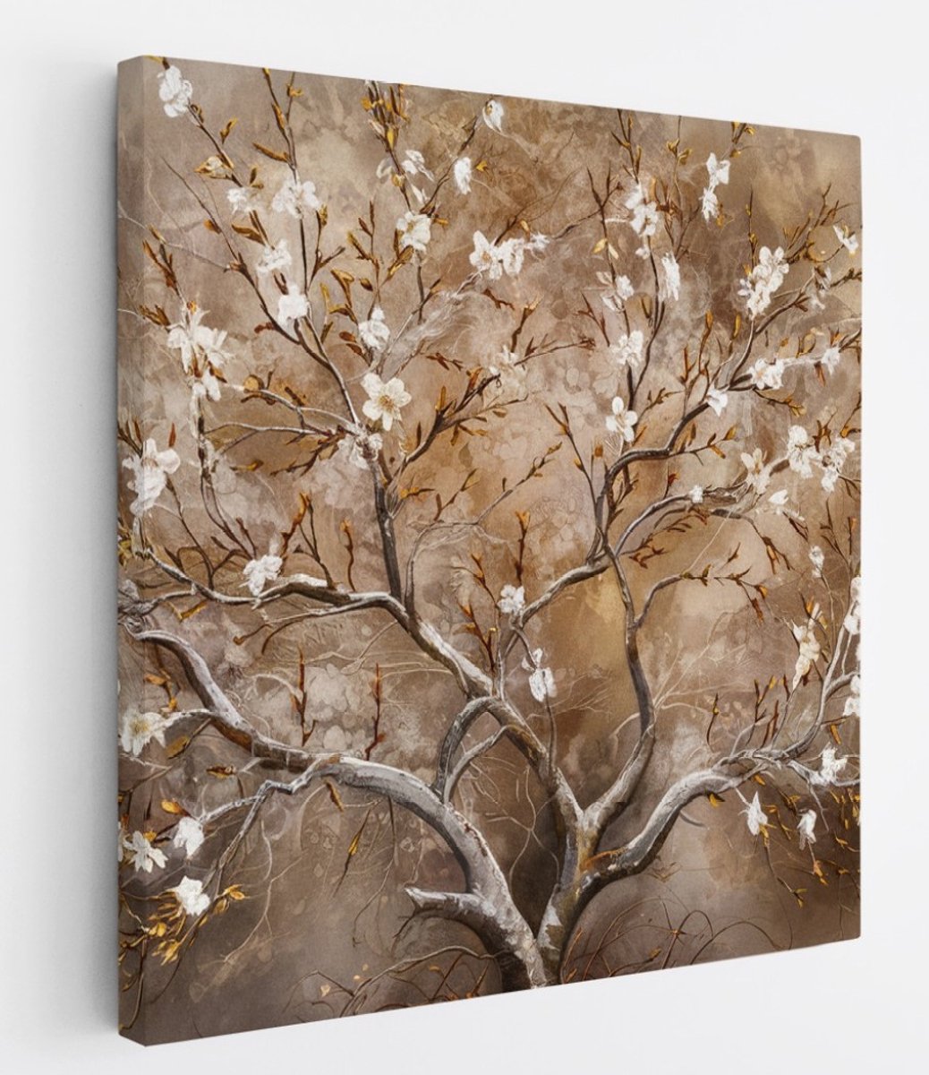 Saammp Canvas Schilderij - boom met witte bloesem - Abstract - 60x60 - Foto op canvas - Wanddecoratie - Muurdecoratie Woonkamer - Slaapkamer decoratie - Canvas Print Multicolor