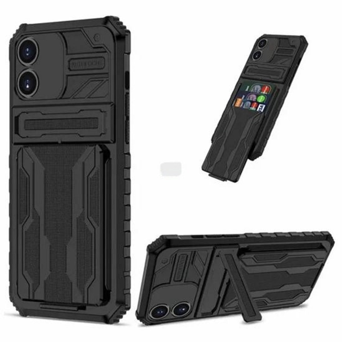 Premium Kwaliteit Anti Shock Hybrid Armour Back Cover - Pasjes Houder met stand functie Hoes - Geschikt Voor Apple iPhone 13 Pro - Stevige Back Cover - Zwart