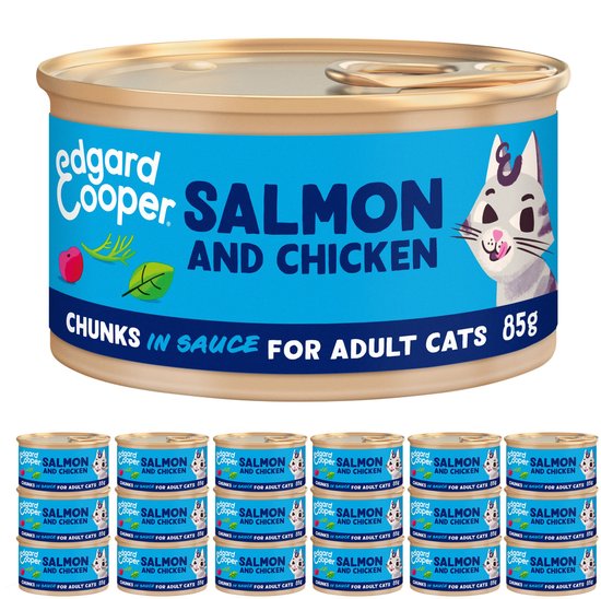 Edgard & Cooper Kattenvoer Graanvrij Natvoer voor Katten Gesteriliseerde of Actieve Kat Natuurlijke Stukjes in Saus 85g x 18 Verse Zalm & Kip, Smakelijk en Uitgebalanceerd, Vers Vlees