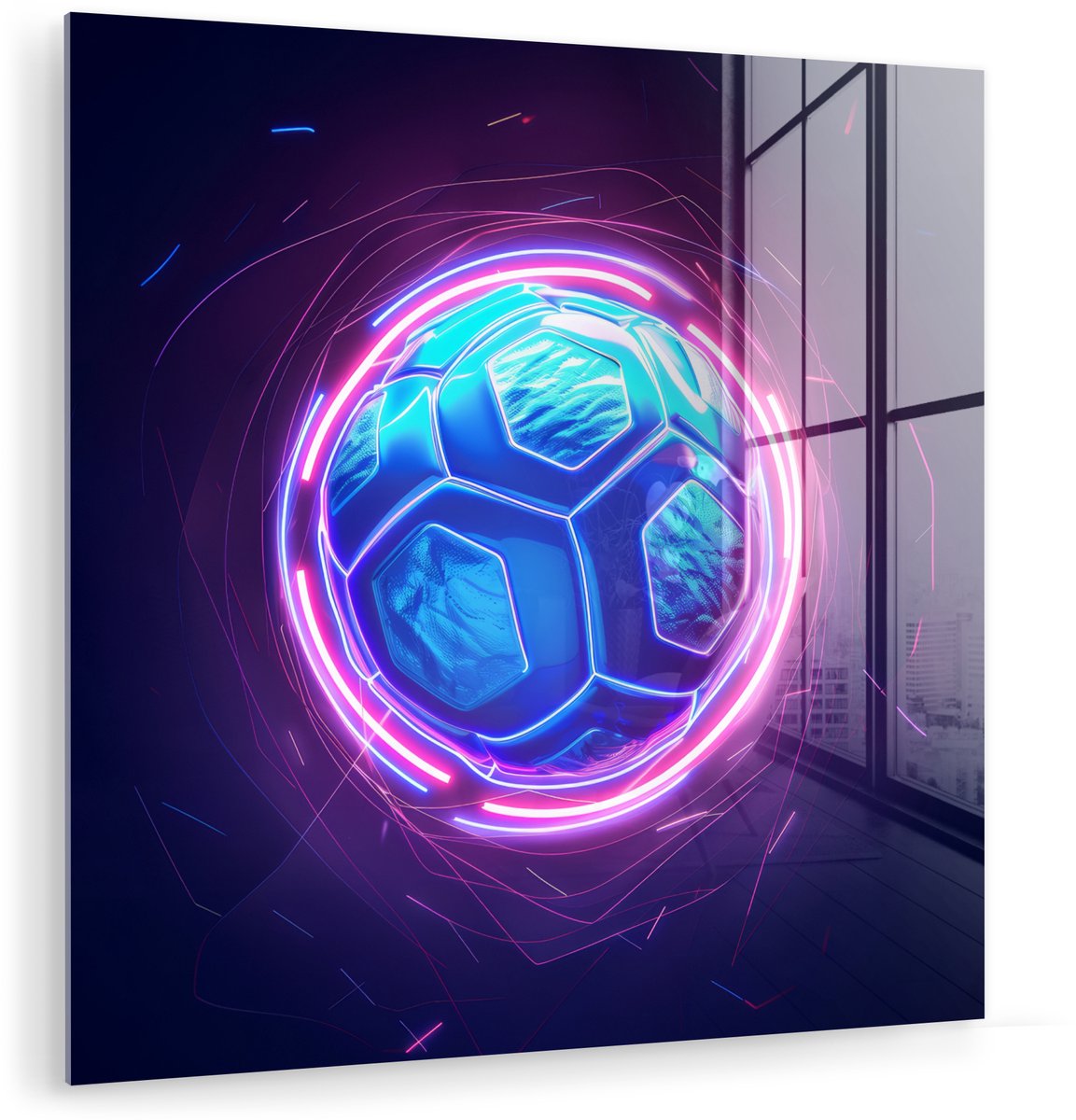 MuchoWow® Glasschilderij 20x20 cm - Schilderij acrylglas - Voetbal - Sport - Blauw - Paars - Foto op glas - Muurdecoratie woonkamer - Wanddecoratie slaapkamer - Schilderijen