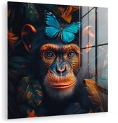 MuchoWow® Tableau en verre 20x20 cm - Peinture acrylique sur verre - Chimpanzé - Singe - Nature - Papillon bleu - Photo sur verre - Décoration murale salon - Décoration murale chambre à coucher - Tableaux