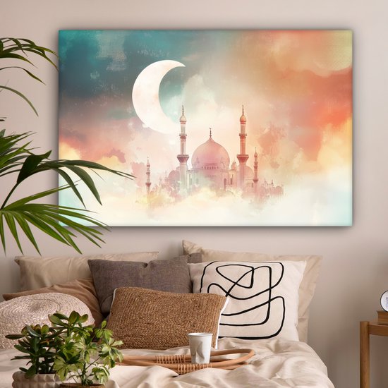 Peinture sur toile 120x80 cm - Décoration murale Mosquée - Nuages ​​colorés - Arabe - Ramadan - Islamique - Décoration murale salon - Décoration chambre - Accessoires chambre - Peintures sur toile
