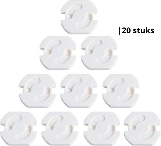 Tien witte stopcontactbeschermers gerangschikt in een piramide, met opschrift '20 stuks'.