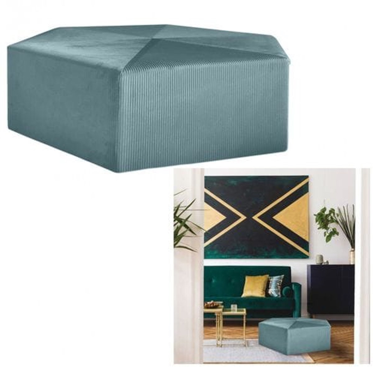 THE HOME DECO FACTORY Giulia XXL Design Fluwelen Poef - L. 75 X H. 30 Cm - Eendblauw