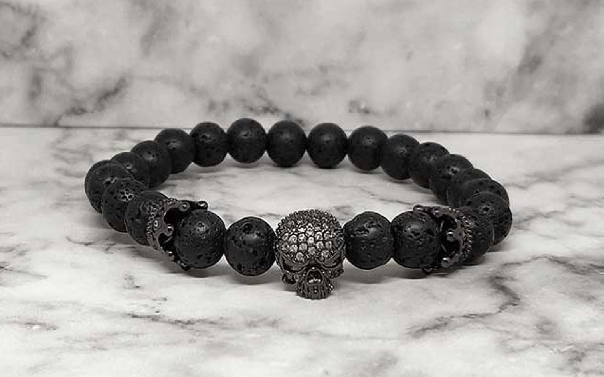 Mei's Everest Black Skull - Gothic Kralenarmband - Lavasteen/Zirkonia/Koper - Zwart - polsmaat 19 cm