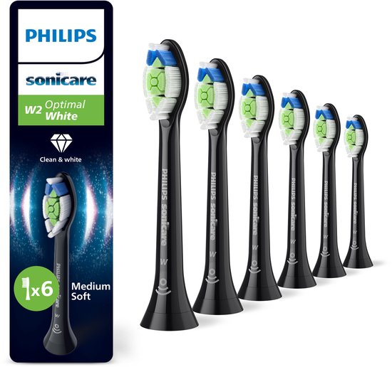 Philips Sonicare Optimal White W2 – Opzetborstels voor Elektrische Tandenborstel – Zwart – Verpakking van 6 - Wittere tanden - HX6066/88