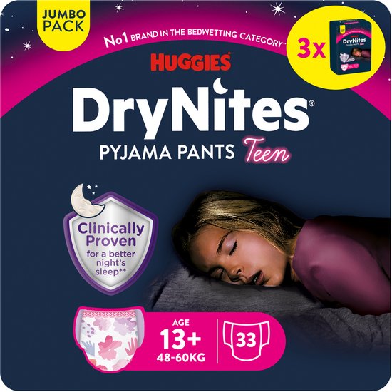 Huggies DryNites luierbroekjes - meisjes - 13+ jaar (48 - 60 kg) - 33 nachtbroekjes - Jumbo pack