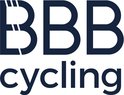 Logo BBB cycling bleu foncé avec des accents de rayures blanches au-dessus de 'cycling'.