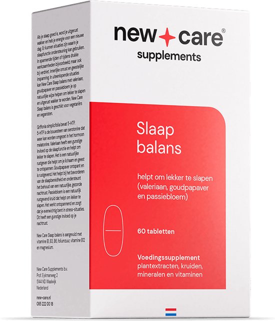 Doosje New Care Slaap Balans, met informatie over ingrediënten en effecten. 60 vegan tabletten.