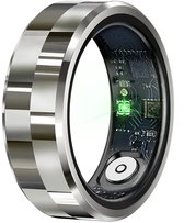 Zilverkleurige ring met zwart accent, en zichtbare printplaat met groene LED en sensor.