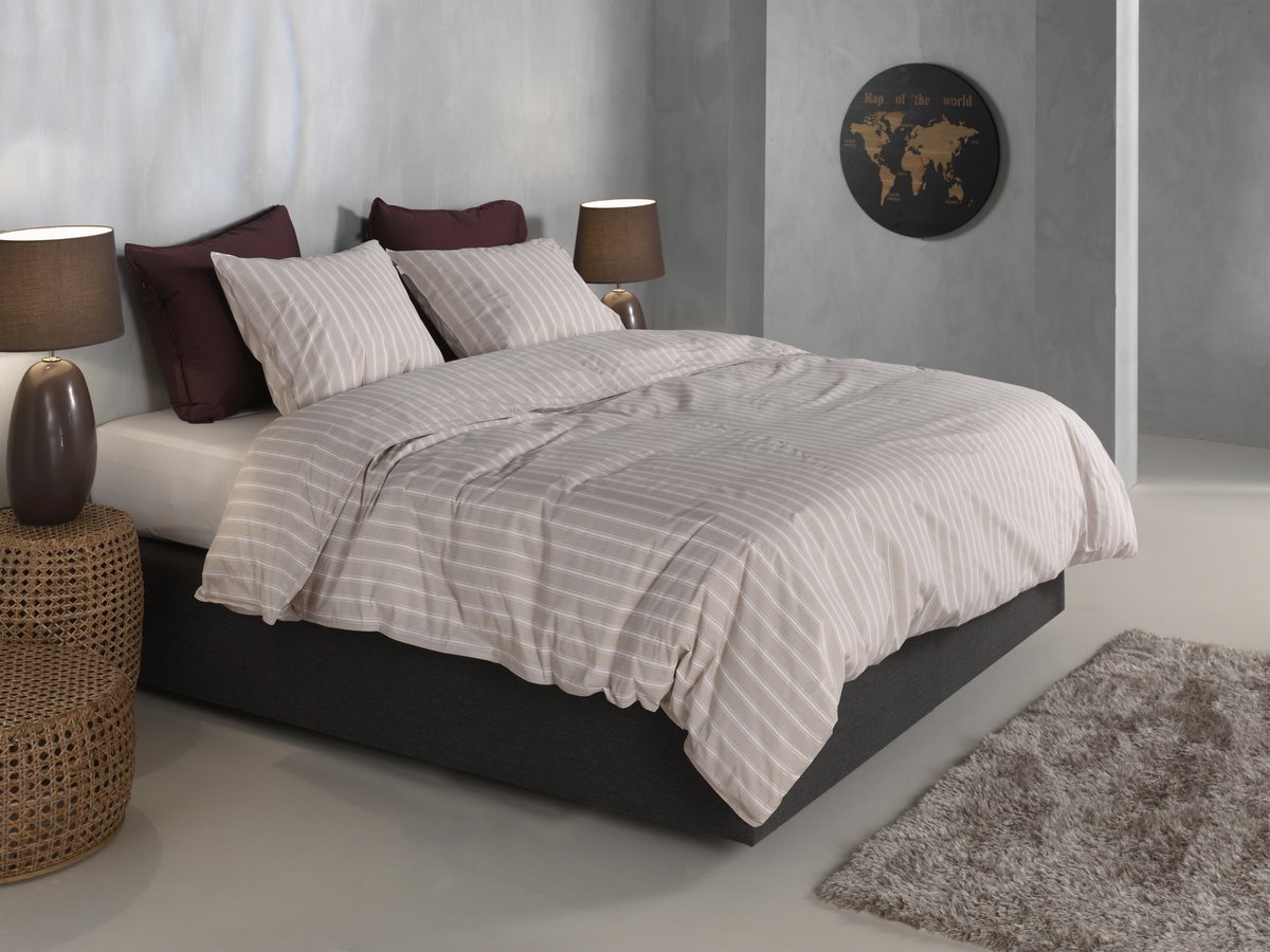 Zohome Dekbedovertrek Righe di Percalle - Deken - Dekbed - Taupe - 100% Katoen-Perkal - Strepen - 260x220 + 2 slopen 60/70 cm