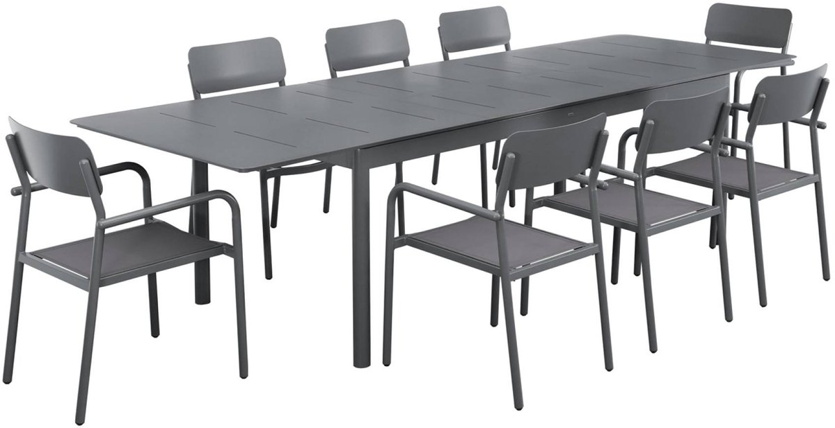 sweeek - Uitschuifbare tuintafel van aluminium, 8 textilene stoelen, 210/300 x 100 x 75,5 cm