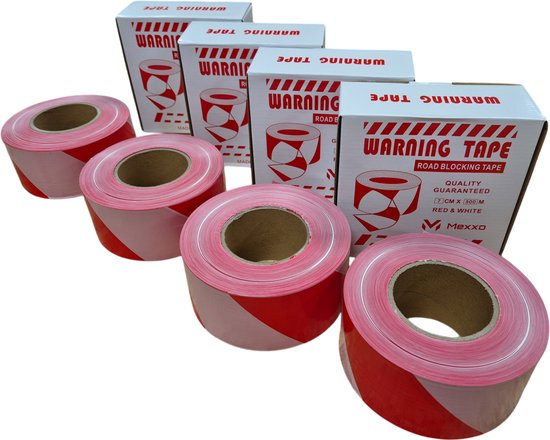 4 pièces - Ruban barrière rouge blanc 500 mètres - 28 microns - Rubans de distanciation - haute qualité - Mexxo