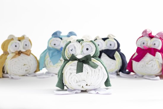 De Zoetebekjes® De Uiltjesknapper – Luiertaart Uil – Kraamcadeau Jongen of Meisje – 14 luiers – Grijs – Pampertaart — afbeelding 3