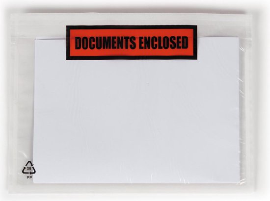 Transparante paklijstenveloppe A6 met documenten en rode "DOCUMENTS ENCLOSED"-sticker.