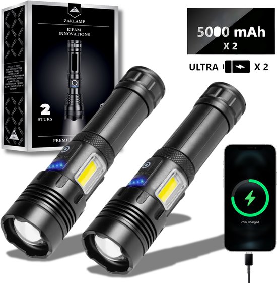 KIFAM Innovations Zaklamp - Zaklamp led oplaadbaar - militaire zaklamp - USB oplaadbaar - Powerbankfunctie - waterdicht - 5000 mAh batterij - 2 stuks