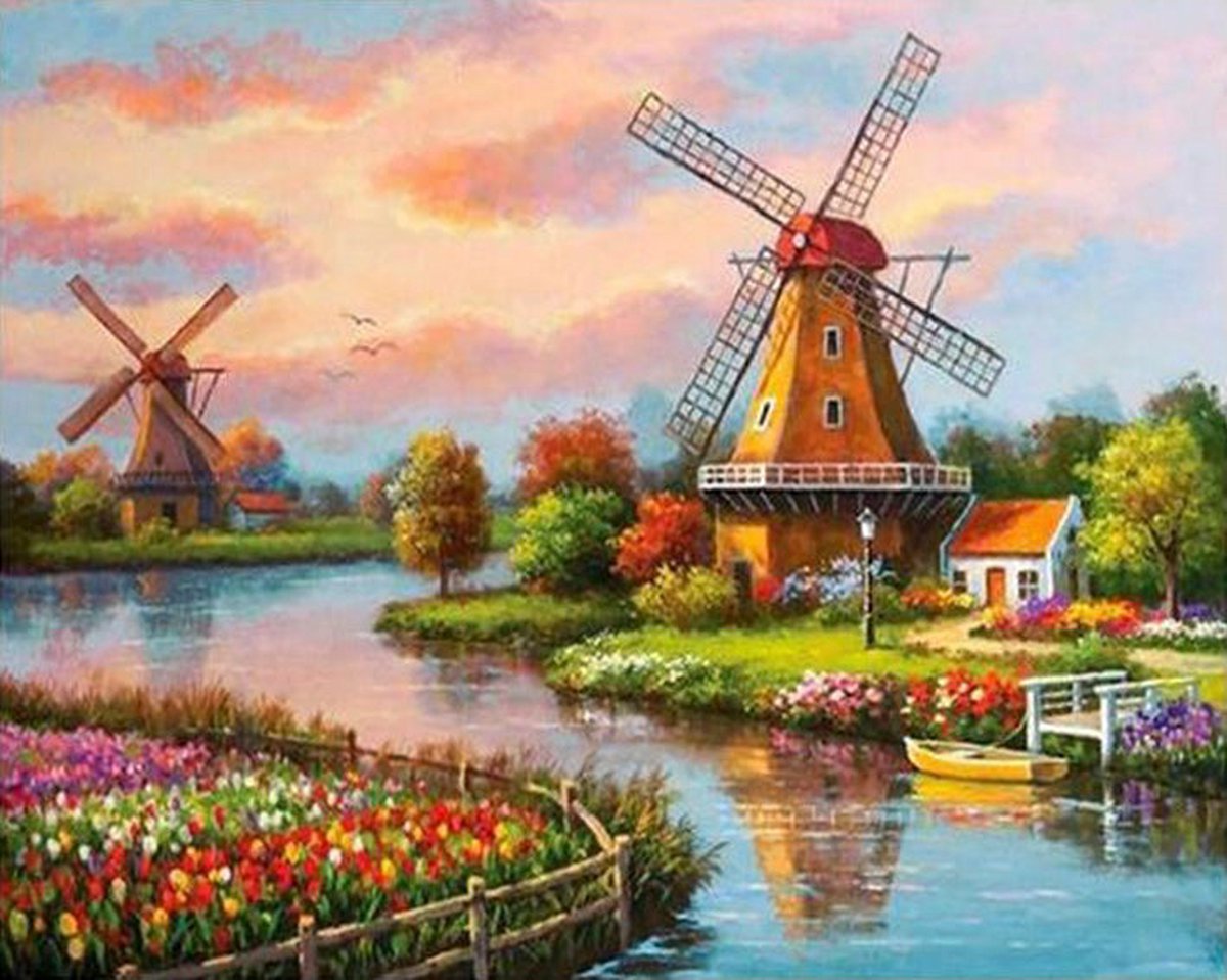 Landschap met molen 50x70 - Diamond painting - compleet pakket - volledig beplakt - vierkante steentjes
