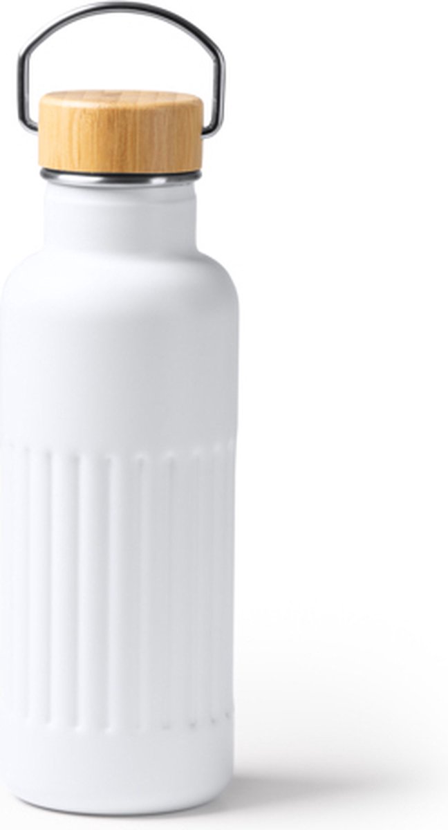 Thermosfles Wit van gerecycled 304 roestvrijstaal met dubbelwandig afgeschuind ontwerp en bamboedeksel. Inhoud: 500 ml.