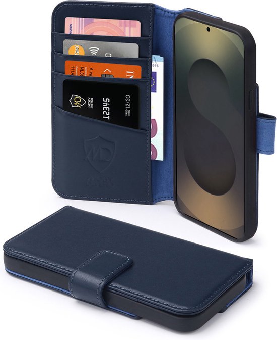 Étui portefeuille bleu foncé en cuir ouvert avec téléphone, 3 fentes pour cartes et fente pour argent.