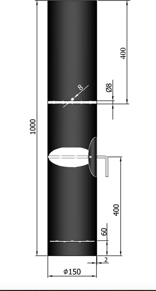 Kachelpijp Ø150 lengte 1000 met condensring - klep - deur - kogelopvang