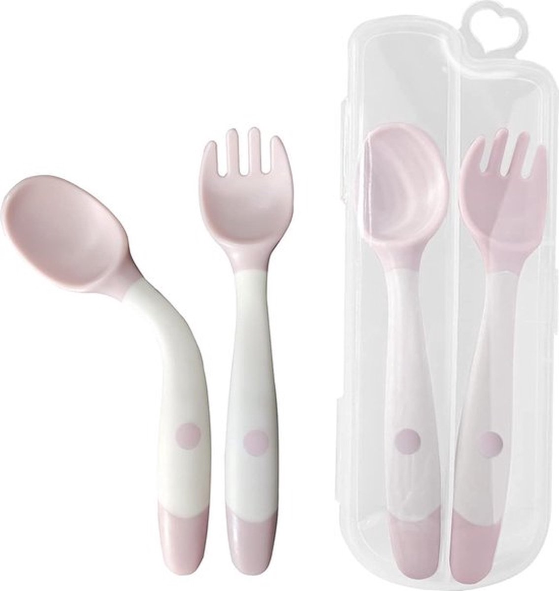 Image of 2 stuks babyvoeding trainingslepel en vork bestek, babygebruiksvoorwerpen lepel en vorkset, kinderen gemakkelijk vast te houden, hittebestendige en flexibele leerlepel en vork (geel) (roze)