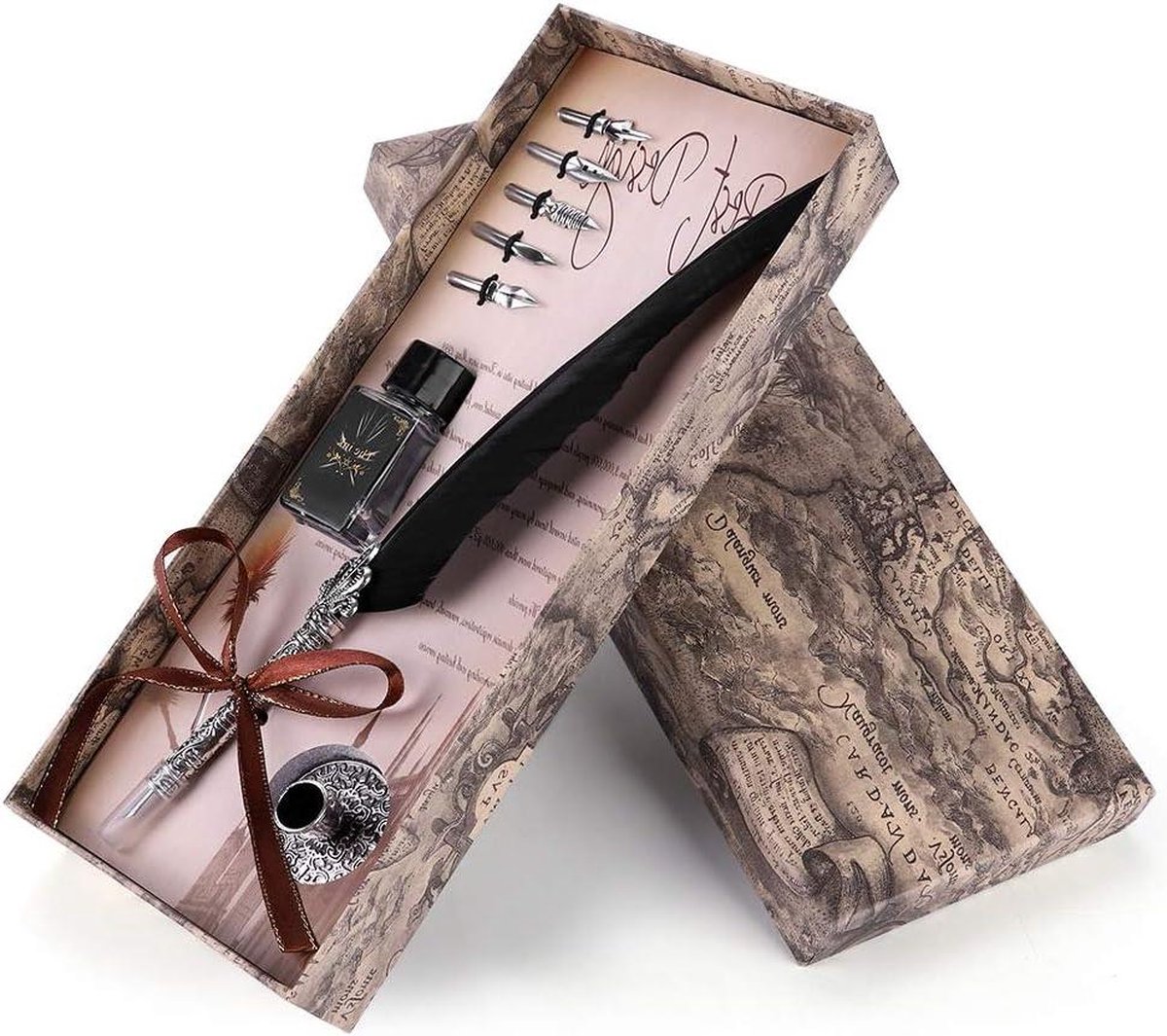 Federkiel veer 5 reserveveren + dip inkt fles - perfecte vintage geschenkdoos voor kunst en handwerk - retro zwart .