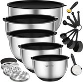 COOCK RVS Mengkommen set met Deksel - Beslagkommen met deksel - Bewaarbak met Rasp - Schaal voor Salades & Mengen - 22 Delige Set 1,5 t/m 5 Liter – Zwart - Incl. Maatschepjes